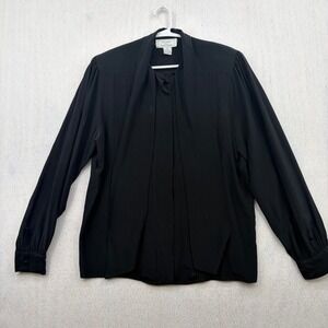 Silk Studio by Claude Bennett Black 100% Silk Tie Neck Pleated Blouse Size 10